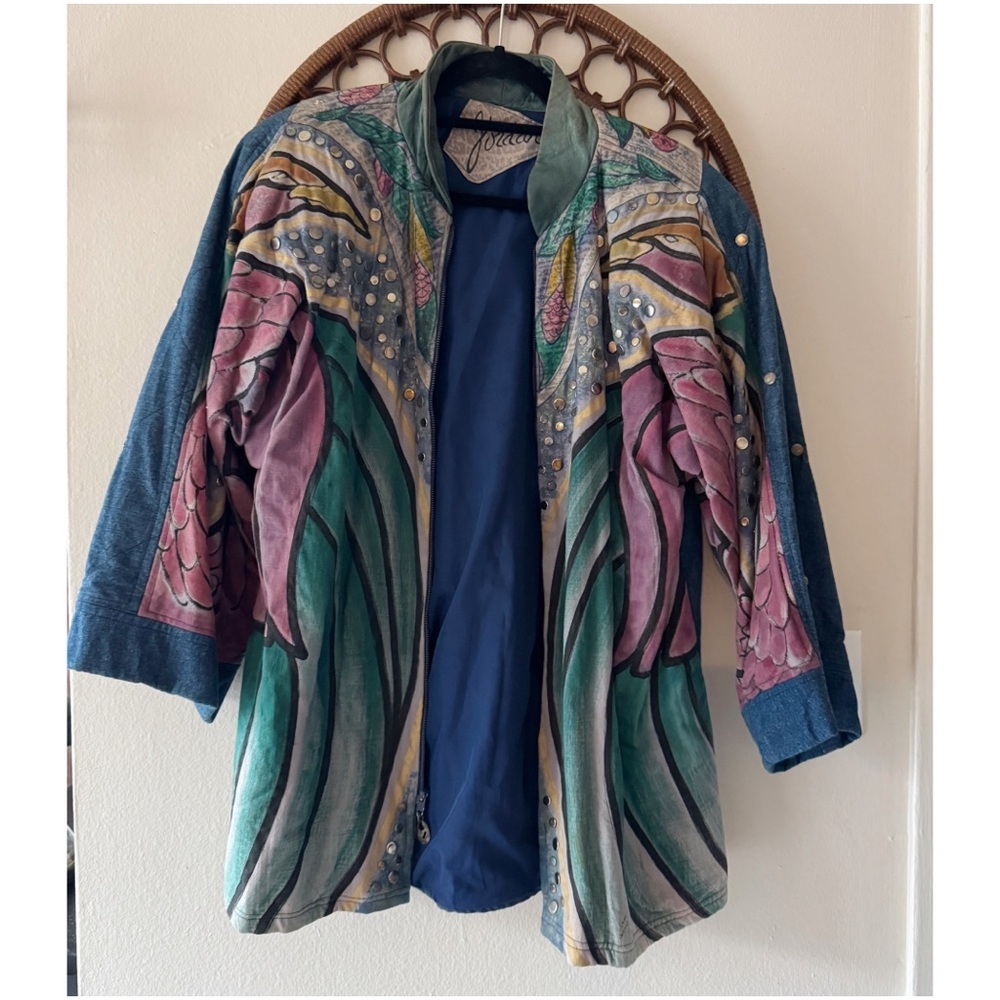 Vintage 90s 80s hand painted leather tassel denim jacket. Size L